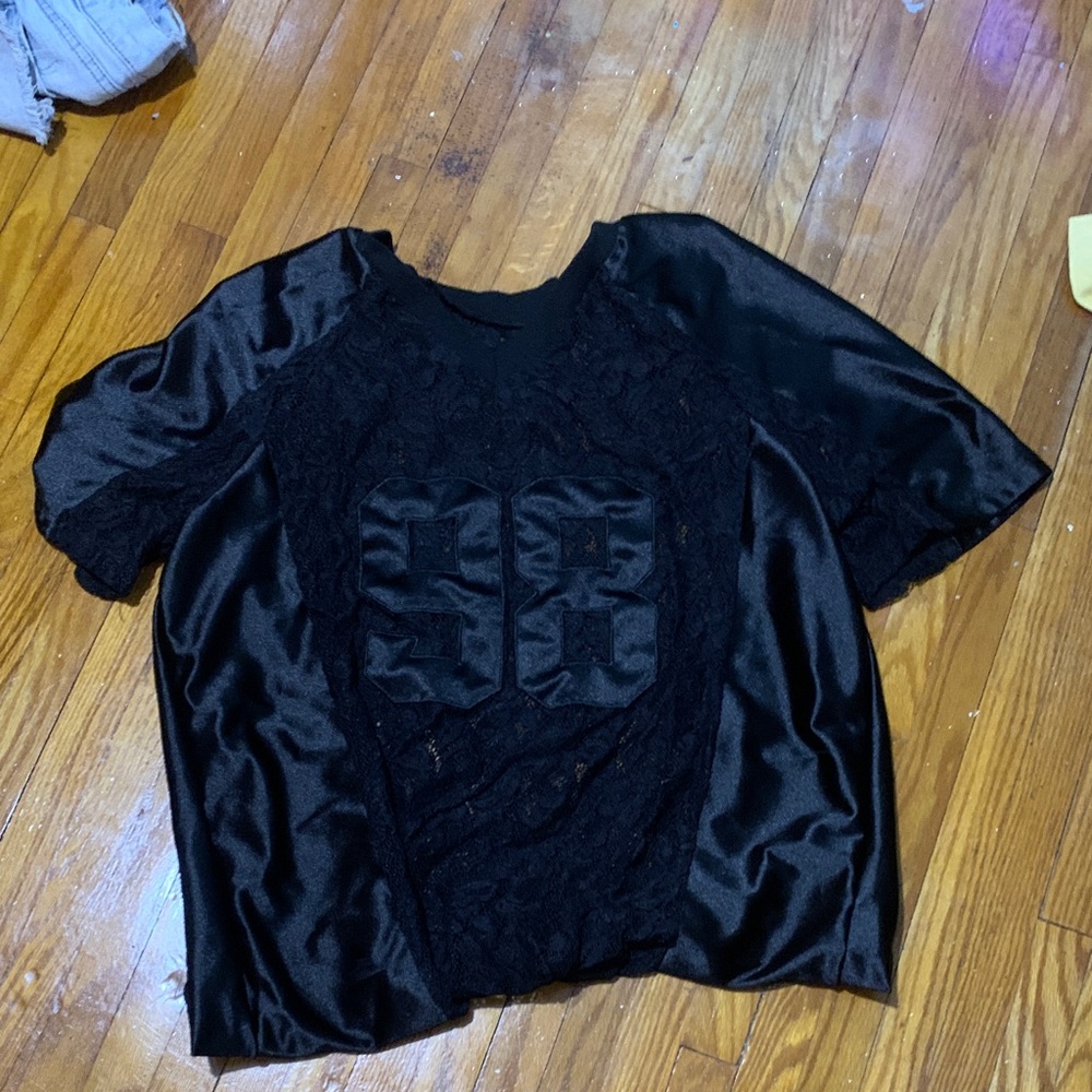 Black Satin & Lace Short Sleeve Top with 86 Appliqué